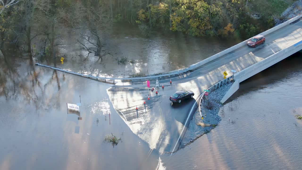 Flooded Road and Bridge - Aerial View of Emergency Response