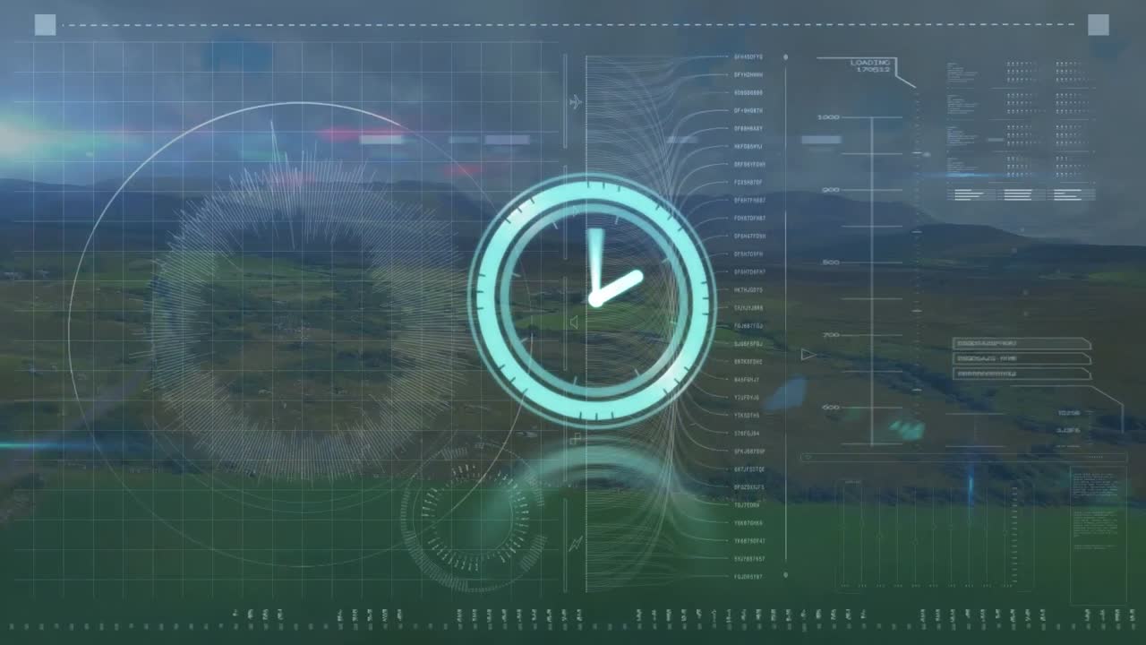 animación de reloj en movimiento y procesamiento de datos sobre el paisaje