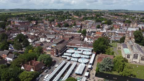 Market-Hitchin-Hertfordshire,-market-town-England-UK-drone-aerial-view