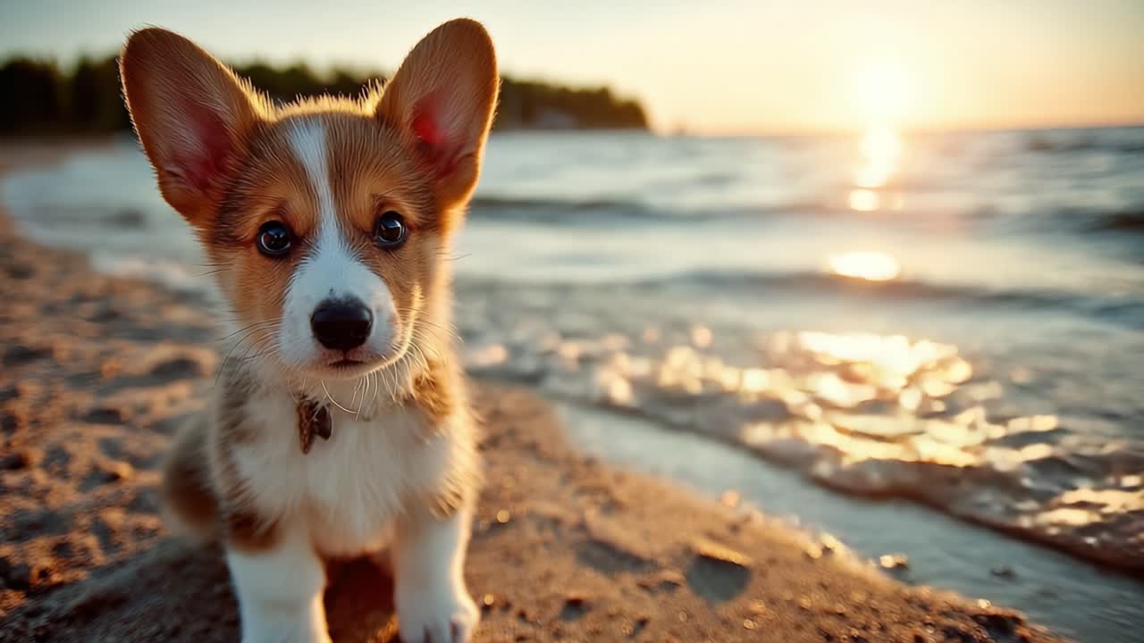 A Playful Corgi Puppy Enjoying a Serene Sunset by the Water's Edge, Capturing the Beauty of Nature and the Joy of Companionship in Every Paw-Print