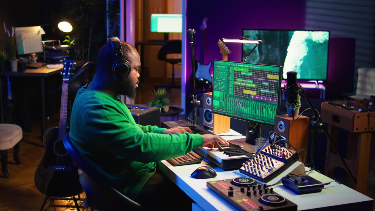 Musician playing piano keys and editing to improve sound quality of recordings