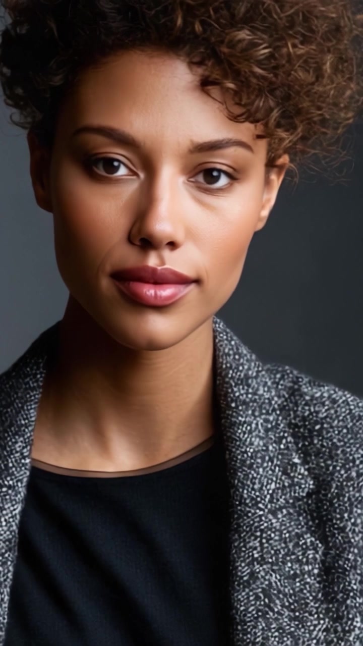 Elegant Portrait of a Stylish Individual with Curly Hair and Chic Attire Showcasing Timeless Beauty and Confidence in a Studio Setting