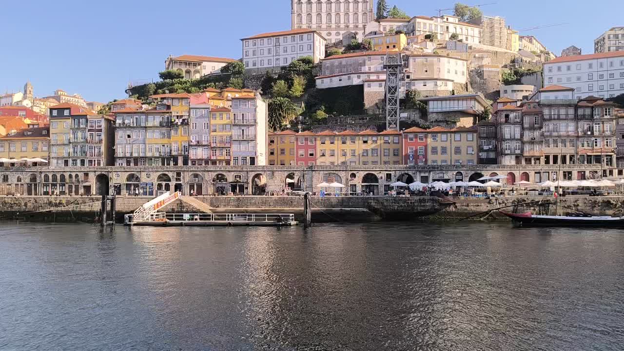 Scenic view of Ribeira district in Porto, Portugal with colorful riverfront buildings, hillside architecture, and Douro River reflecting bright facades under clear blue sky