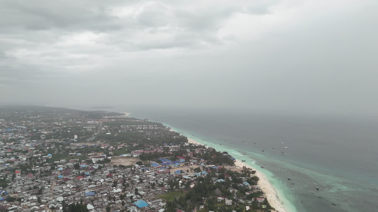 Aerial View of Coastal Town on a Stormy Day