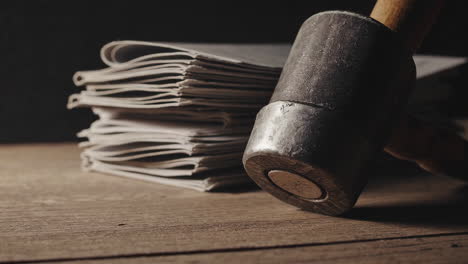 stack of newspapers and hammer