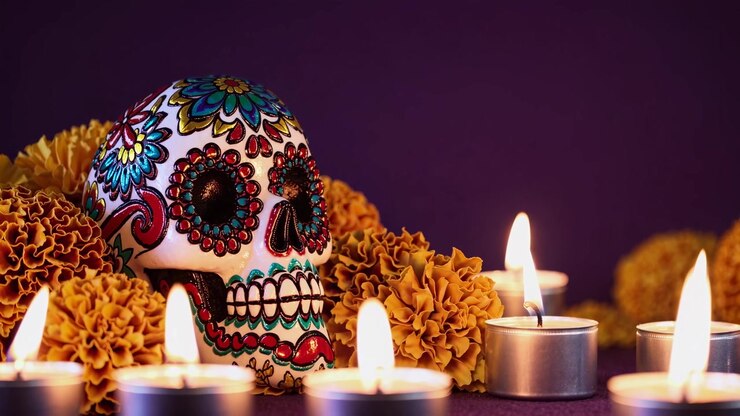 Day of the Dead Sugar Skull with Marigolds and Candles