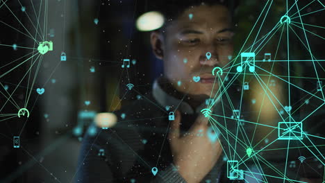 Animation of data processing and globe over biracial businessman in office