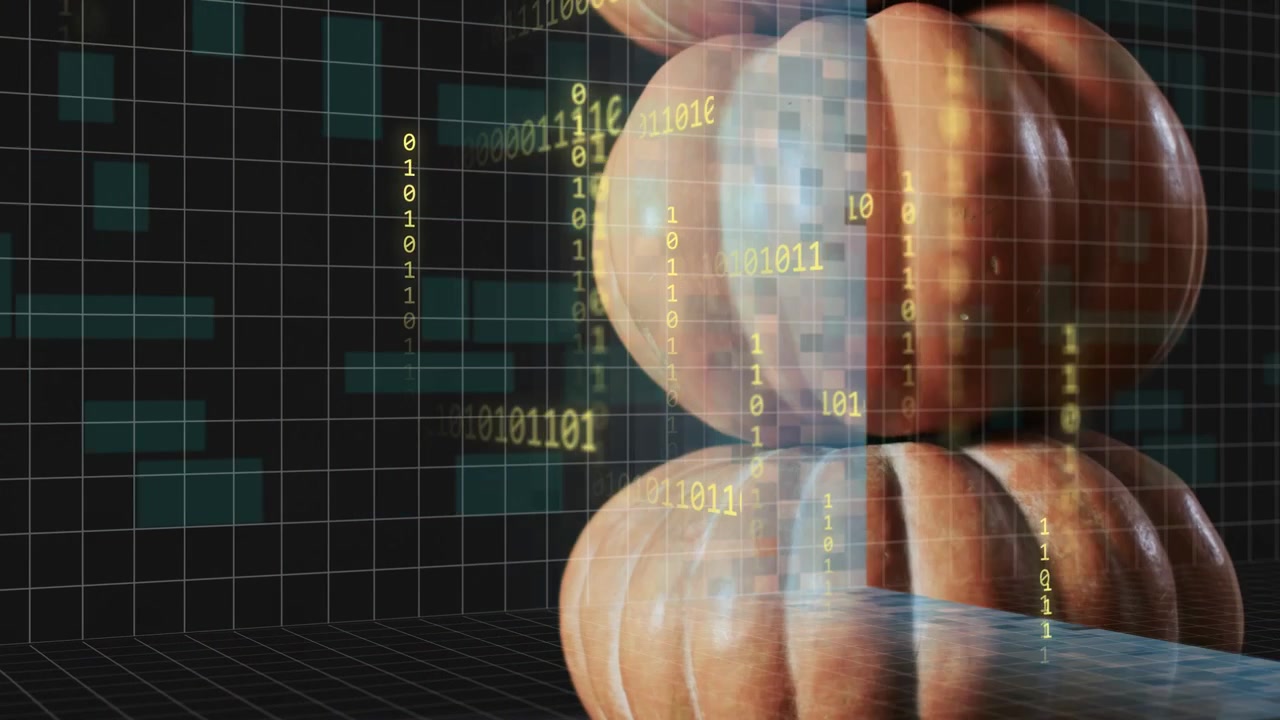 Pixelated blue panel rising, binary streams drifting toward stacked pumpkins, showing data flow