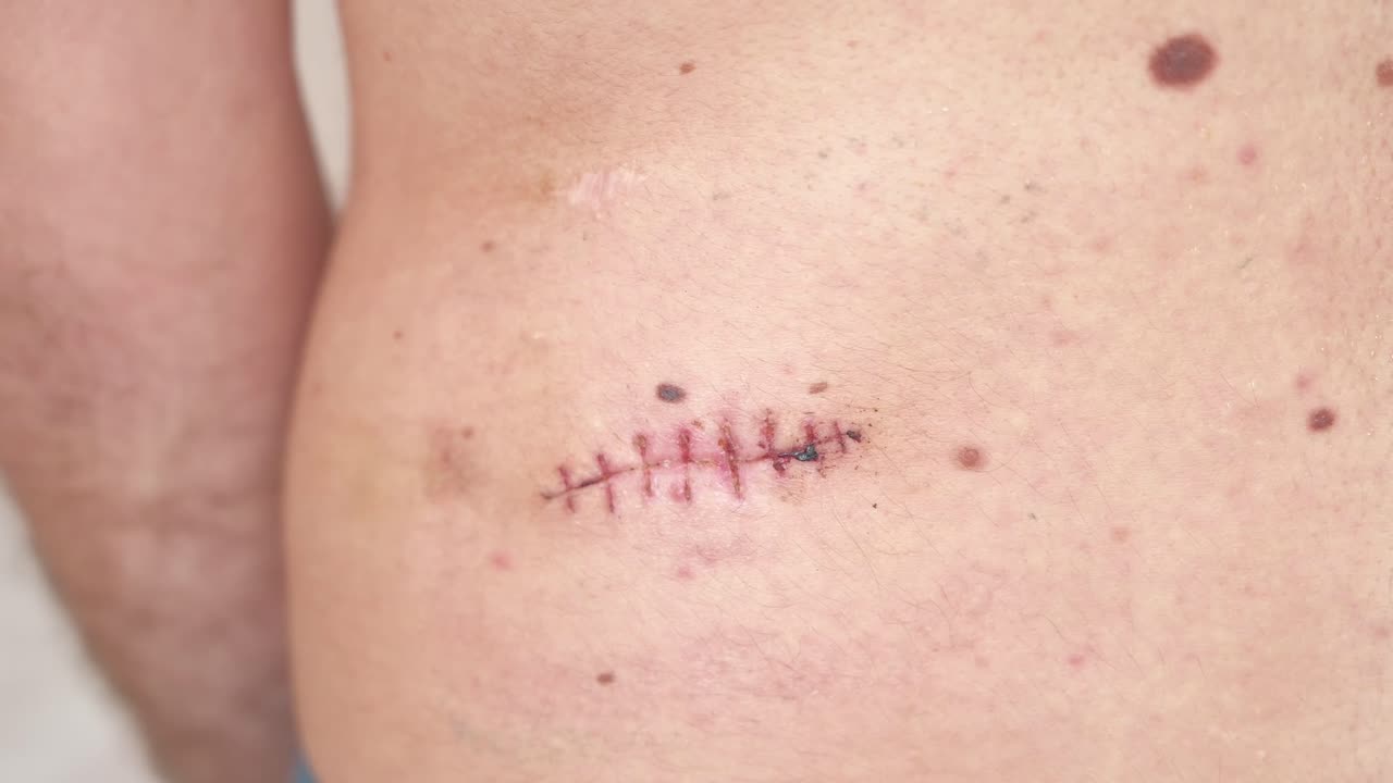 Close-up of a stitched wound on the skin in the early stages of healing