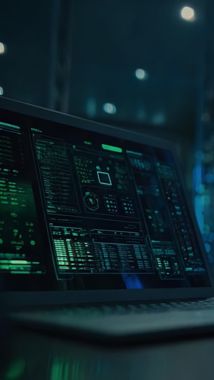 Modern Technology Interface Displaying Complex Data Metrics and Analytics on a Sleek Computer Screen in a Dimly Lit Environment