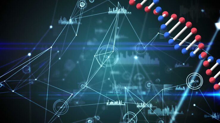Animation of a double helix DNA strand rotating over network of connections in the background