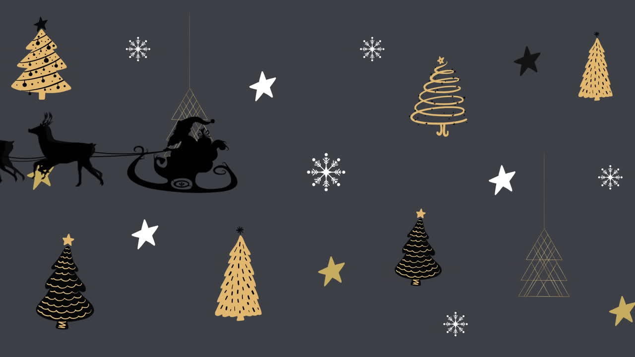 animación de santa claus en trineo con renos sobre estrellas y textura de árbol de navidad
