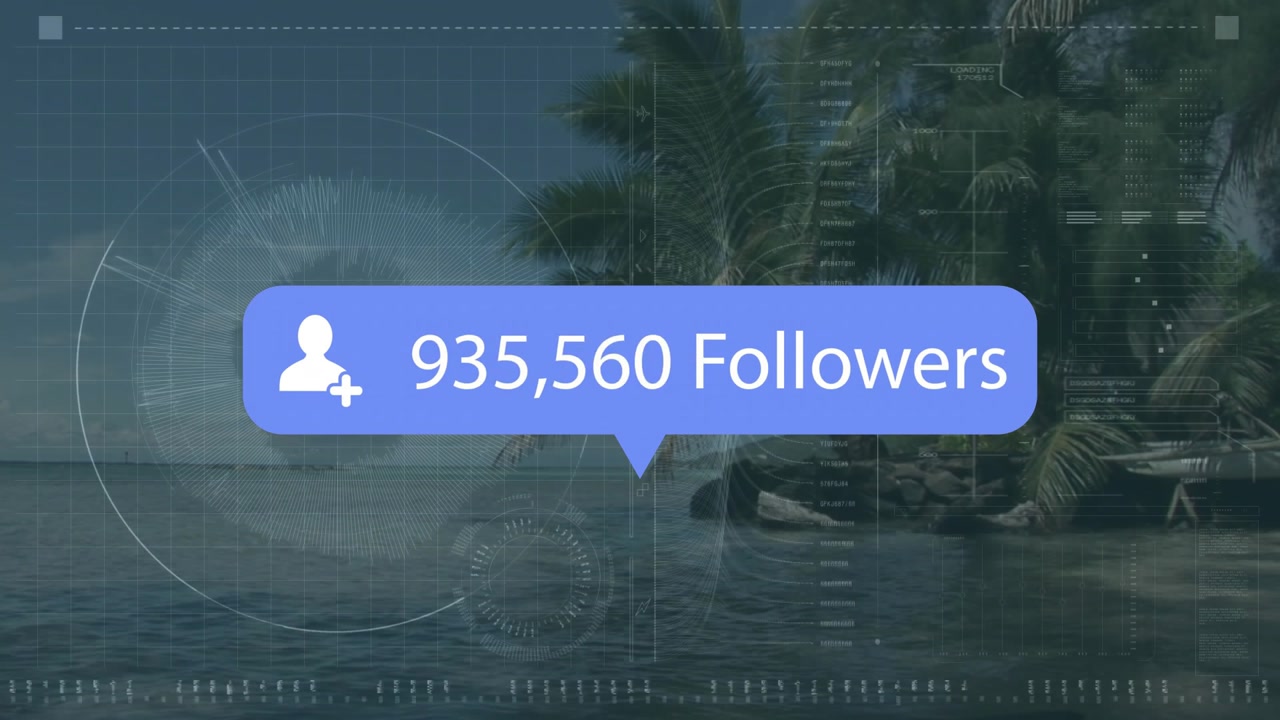 On start, blue follower bubble floating over tropical shore updating counts grid to show growth