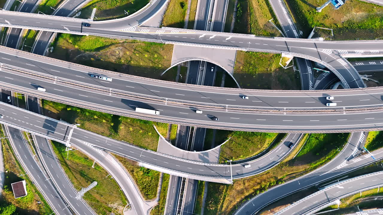 Highways and freeways with numerous cars. System of roads in the rural area of Slovakia. Top view