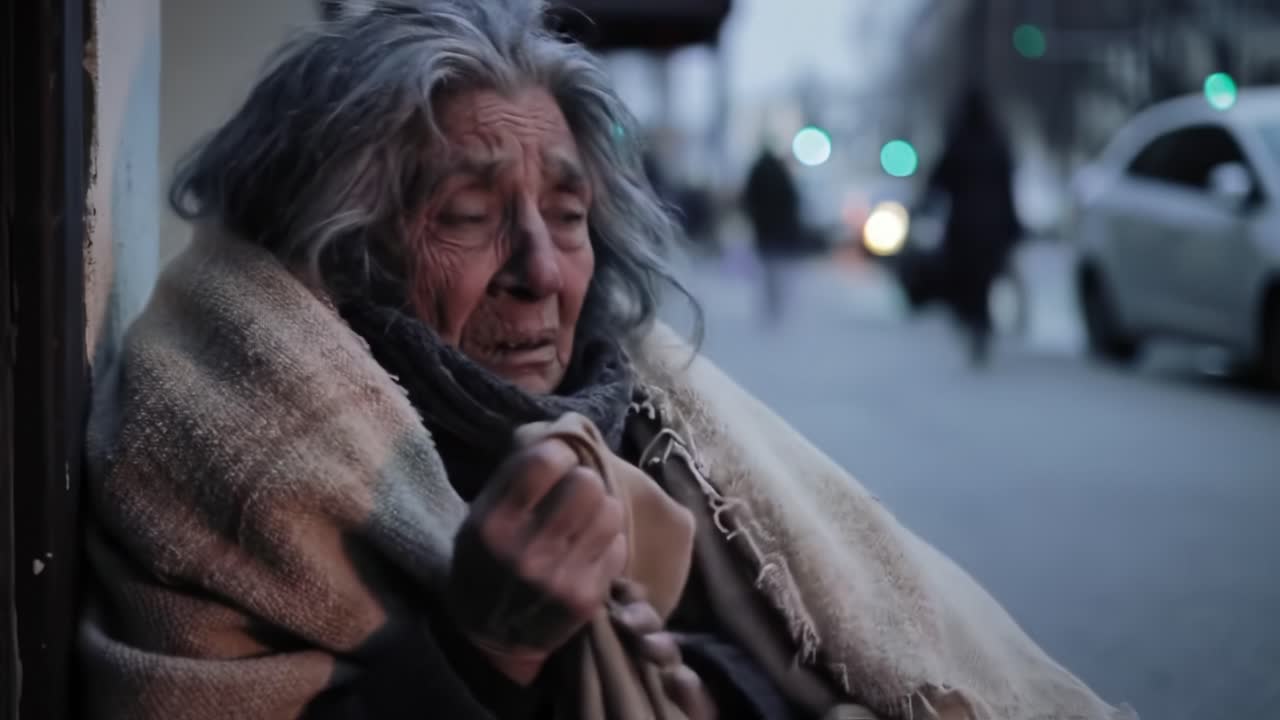 An elderly woman sits on the cold pavement, wrapped in a blanket, clearly distressed by the chilly evening air. The surrounding city lights and passersby create a stark contrast to her situation.