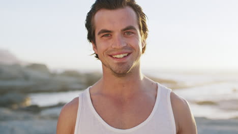 face, beach and man on seaside vacation feeling