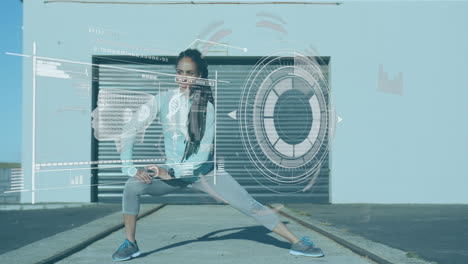 animation of digital data processing over woman stretching, exercising outdoors