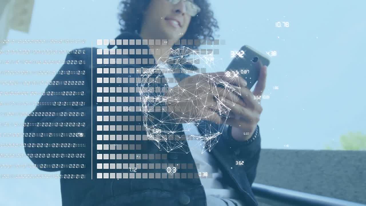 Animation of data processing and connections over hands of biracial man using smartphone