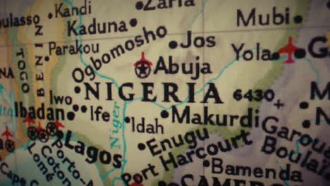 close-up view of a map showing nigeria and surrounding countries