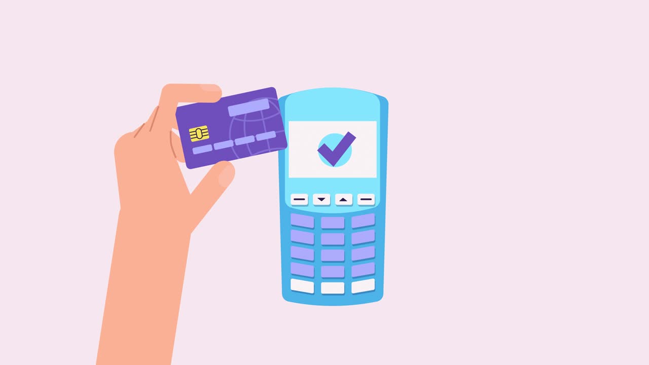contactless, Wireless payment concept animation. credit card and pos terminal. Cashless payment machine, ТАС, online cash desk, online banking, and electronic money, shopping. 2d cartoon style