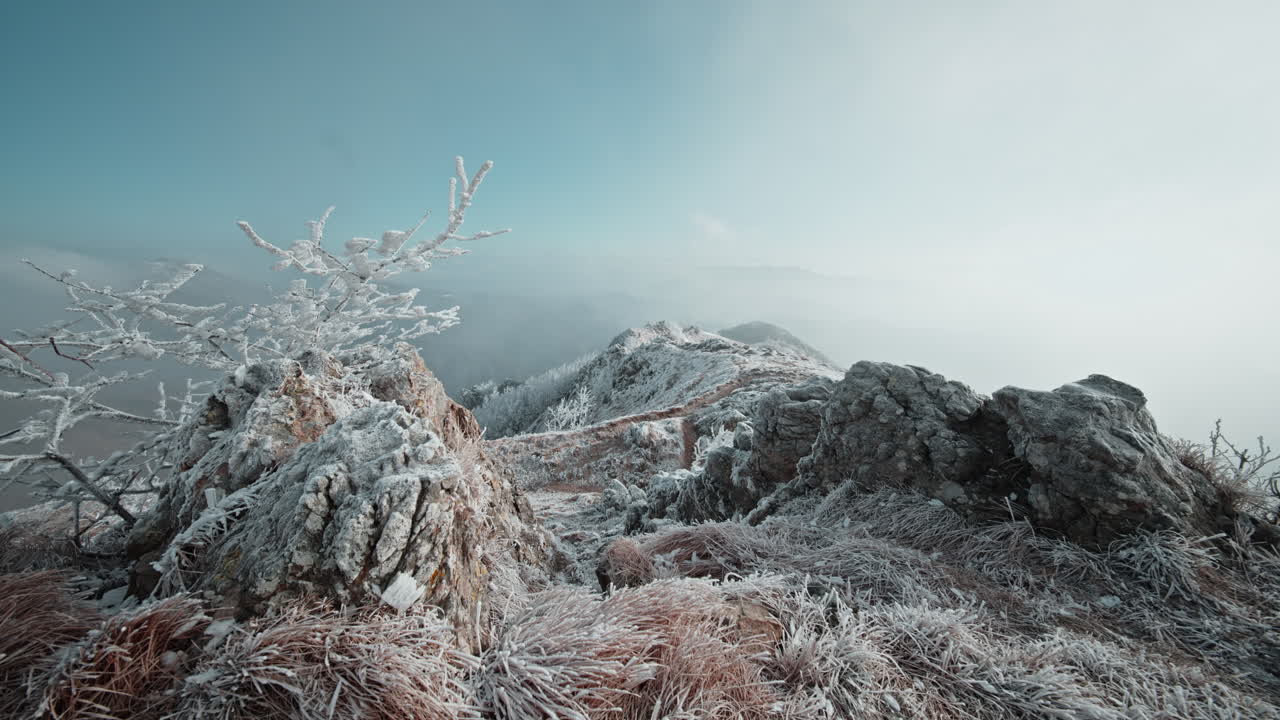 Snowy mountain peak with icy rocks and frost-covered vegetation in winter setting