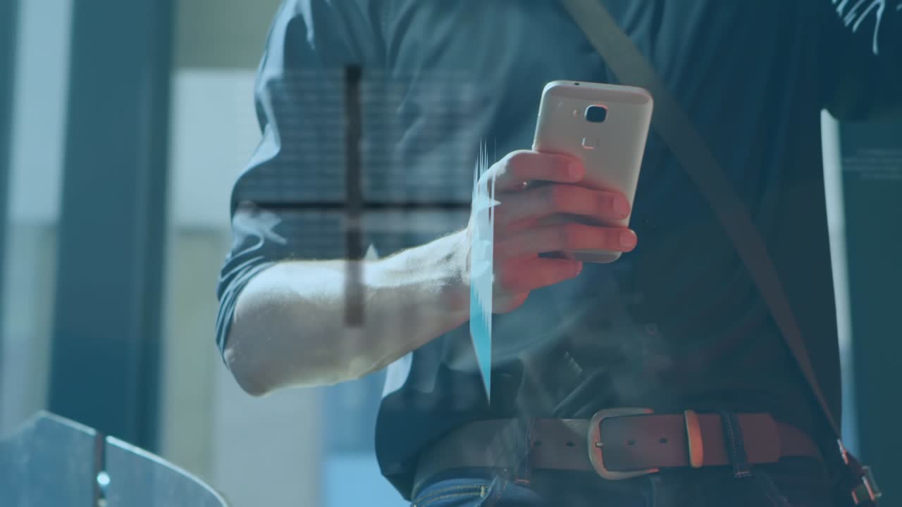 Animazione di elaborazione di dati statistici sul busto di un uomo con caffè e smartphone