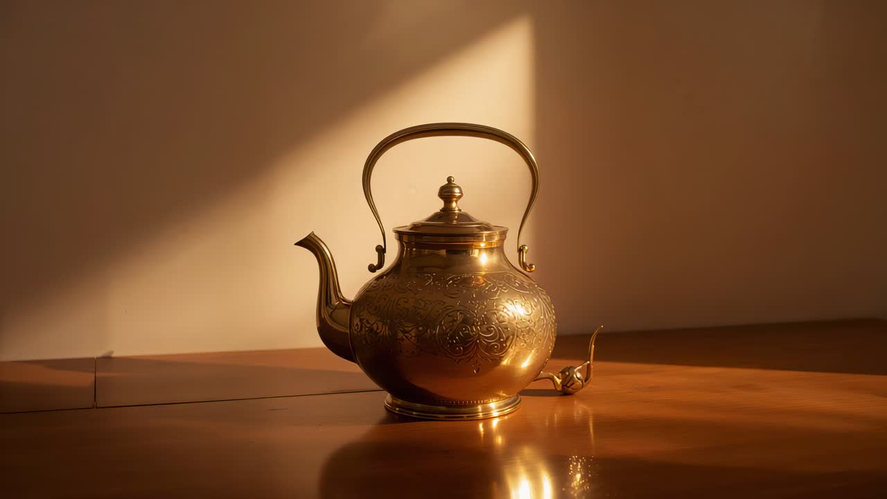 Il sole che filtra invia un raggio che scivola in casa su un tavolo, rivelando una teiera di ottone incisa e un mestolo.