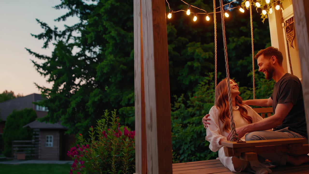 Couple enjoying time on a porch swing at sunset