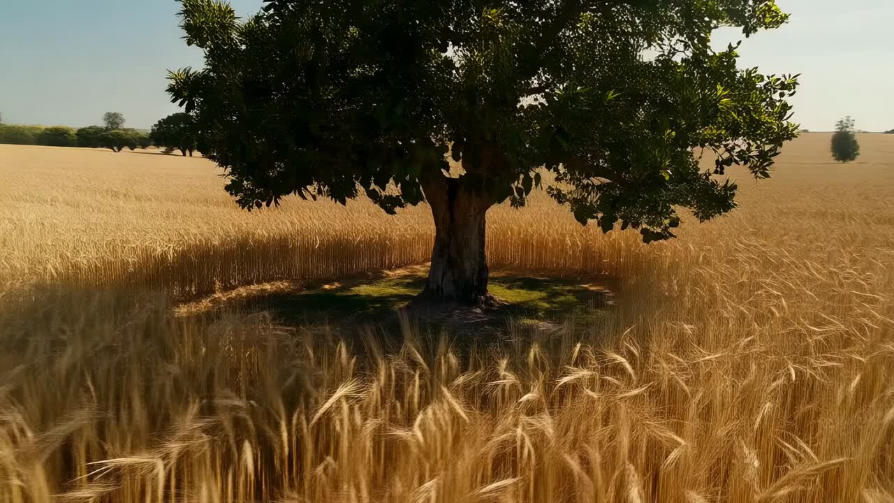 Carrellata che sorvola il grano verso un albero solitario latifoglie per rivelare erba e ombra