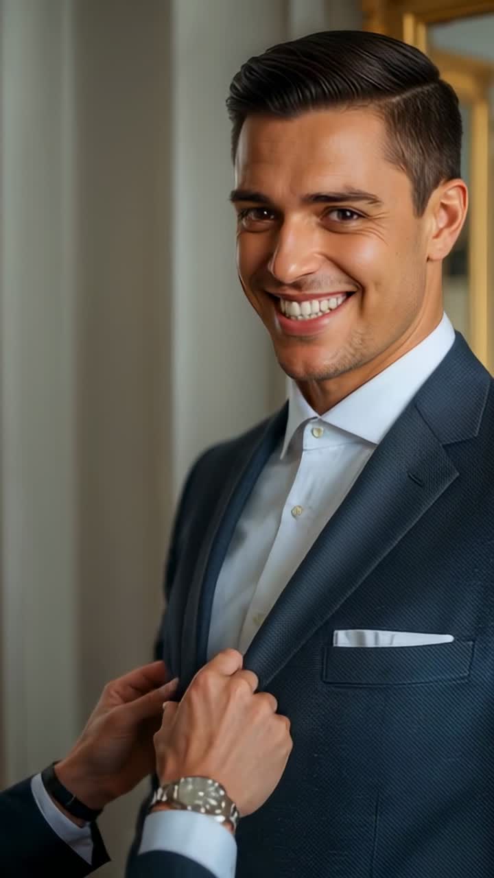 Vertical video: Assistant entering room smoothing man's suit lapel and fastening jacket button