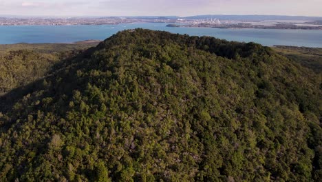 Hermoso-Vuelo-Aéreo-Sobre-El-Cráter-Del-Volcán-Boscoso-Nativo,-La-Ciudad-De-Auckland-En-El-Horizonte