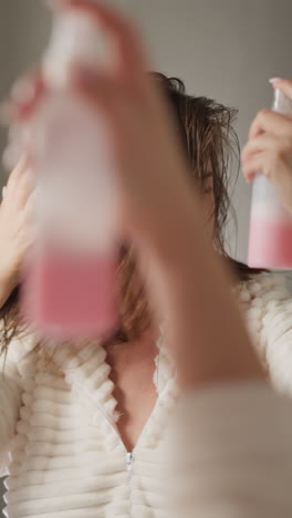 mujer morena salpica spray en el cabello en el baño doméstico. mujer con cabello corto sprays producto especial para suavizar el cabello después de tomar la ducha