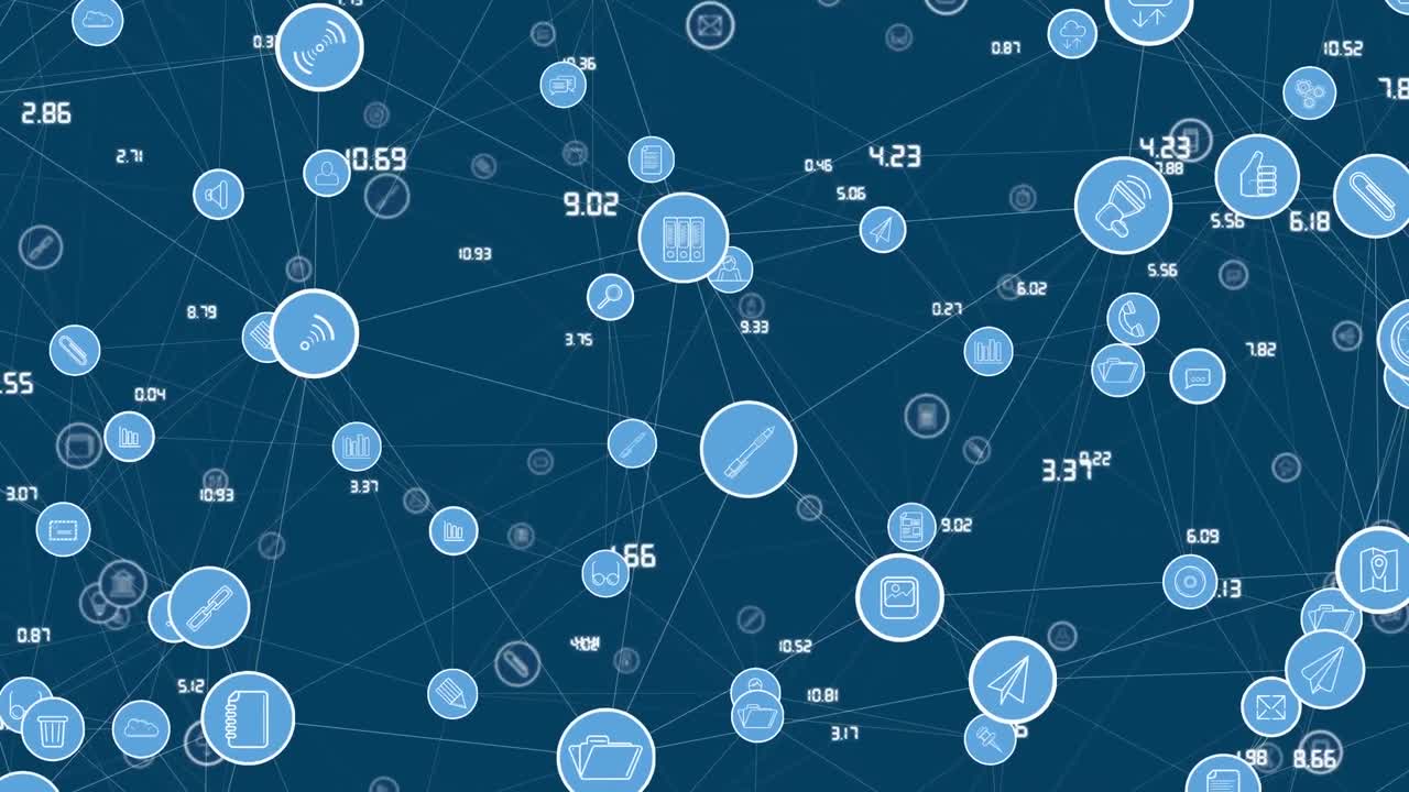 Animation of icons connected with lines and numbers over blue background