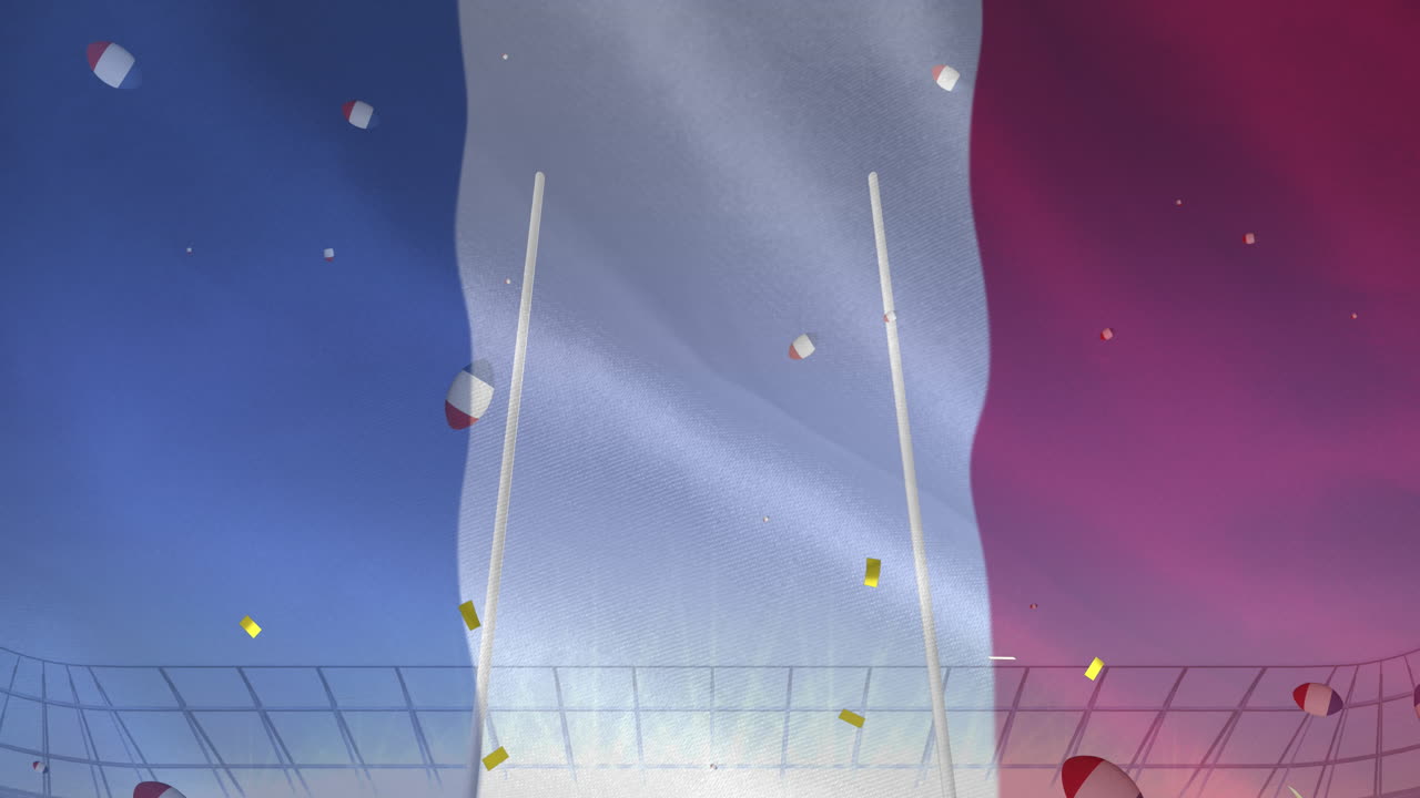 animación de la bandera de francia y confeti sobre pelotas de rugby que caen en el estadio