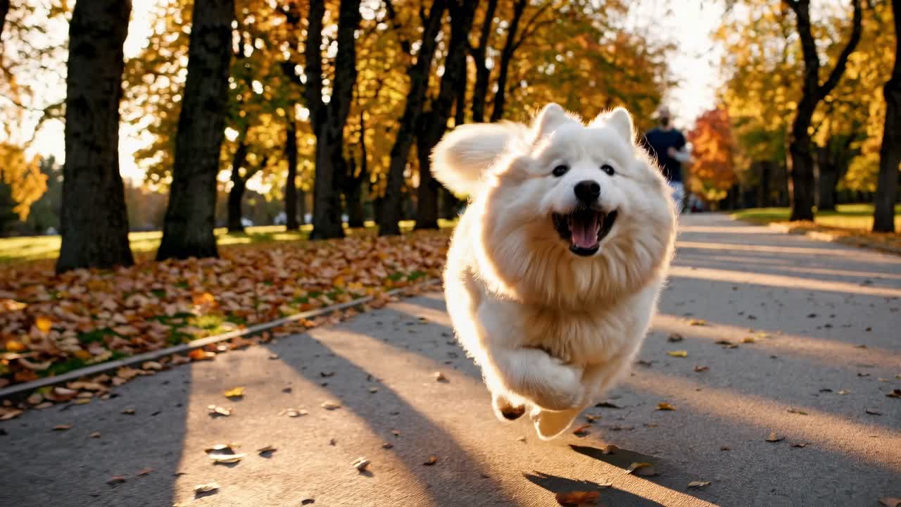 A joyful dog runs towards the camera in a park, with autumn leaves scattered on the path