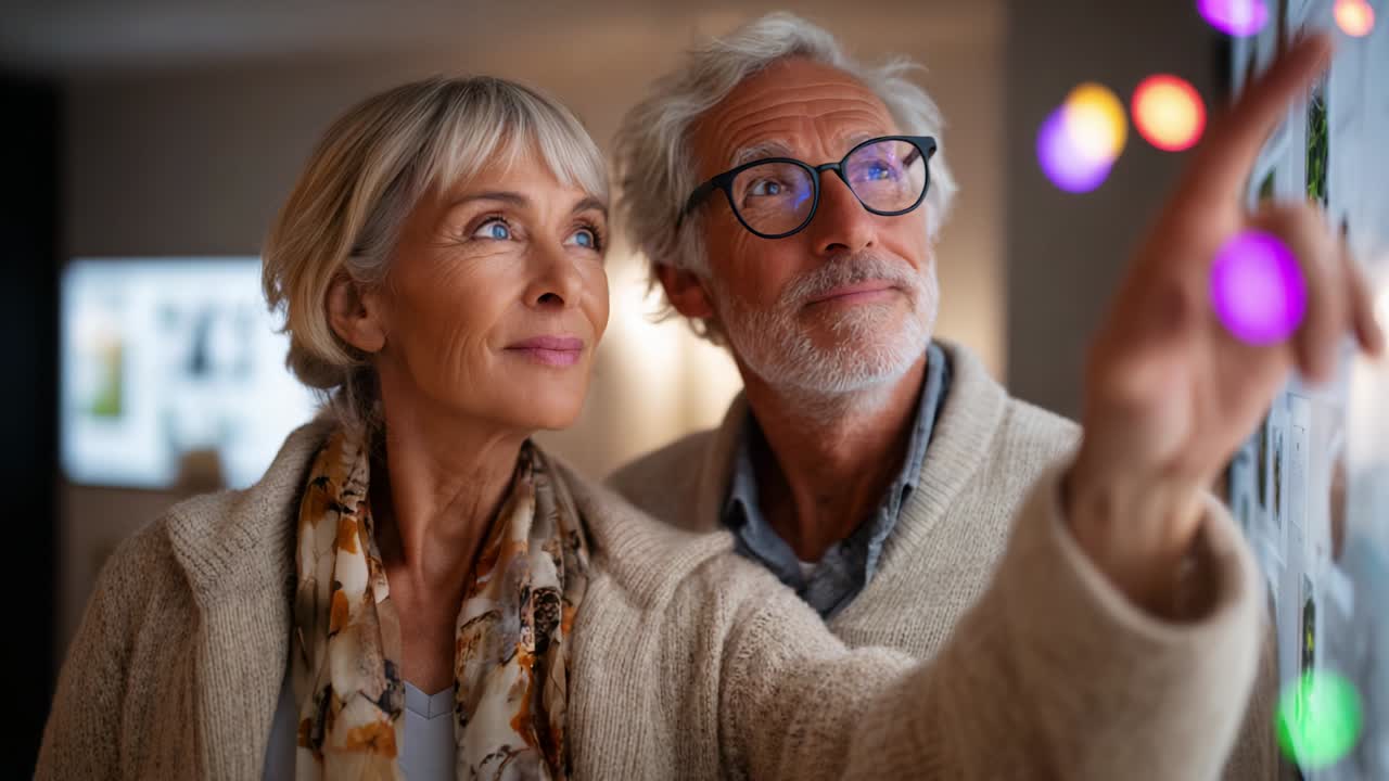 An engaging moment shared between two mature individuals as they observe and discuss captivating visuals illuminated by colorful lights, highlighting the beauty of connection and curiosity in life