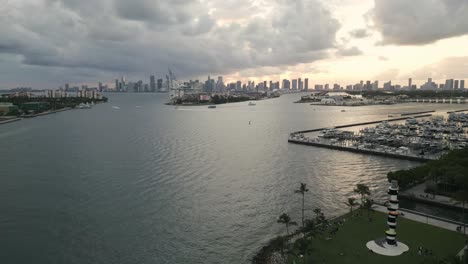 aerial of miami south beach skyline at sunset with cityscape of downtown