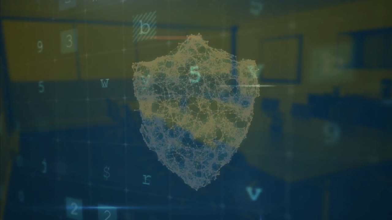 animazione del testo di avvertimento di sicurezza informatica e dello scudo sopra l'ufficio