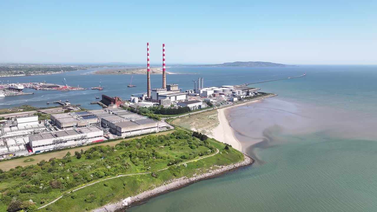 Aerial wide of Poolbeg Power Plant, Dublin Docklands, Ireland. Industry, Electric Power Production