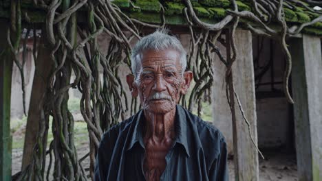 portrait of an elderly southeast asian man with grey hair and mustache, standing before a wall of hanging roots, evoking a serene and timeless atmosphere