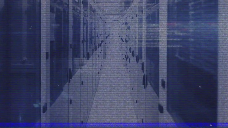 Apertura di un feed granuloso con glitch, telecamera che panoramica un corridoio, pixelando i rack dei server per il monitoraggio della sicurezza.