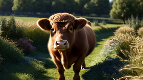 close-up of a young brown cow in a grassy field