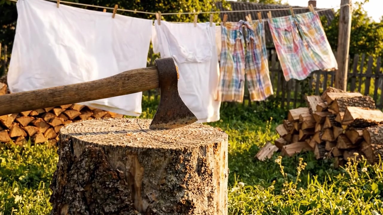 A Tranquil Scene of Daily Life: An Axe Resting on a Stump with Freshly Washed Clothes Hanging on a Line, Surrounded by Stacked Firewood in a Sunny Backyard Setting