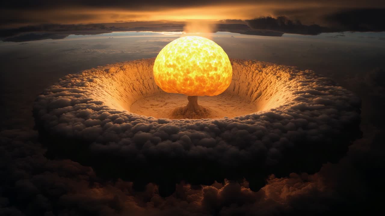 Rising fireball above cloud deck after detonation, carving trench and forming mushroom cloud