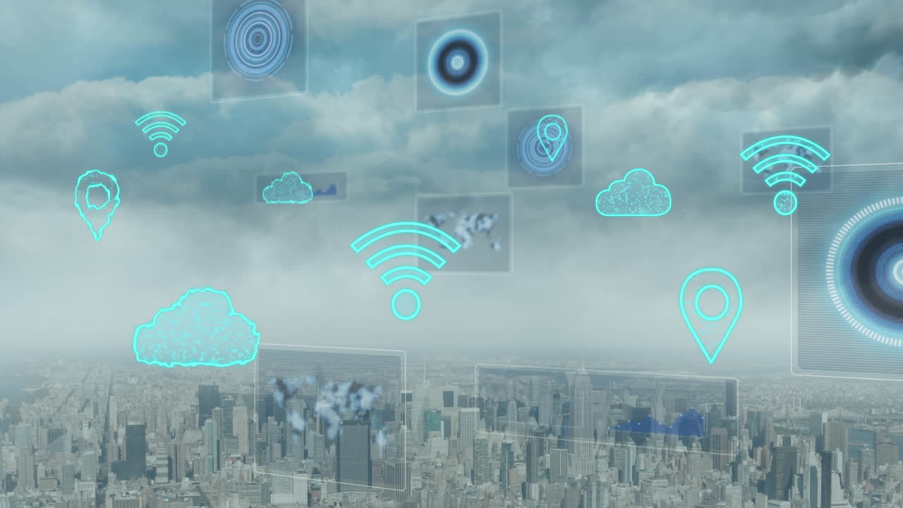 animación de nubes, wifi y ámbitos con procesamiento de datos sobre el paisaje urbano.