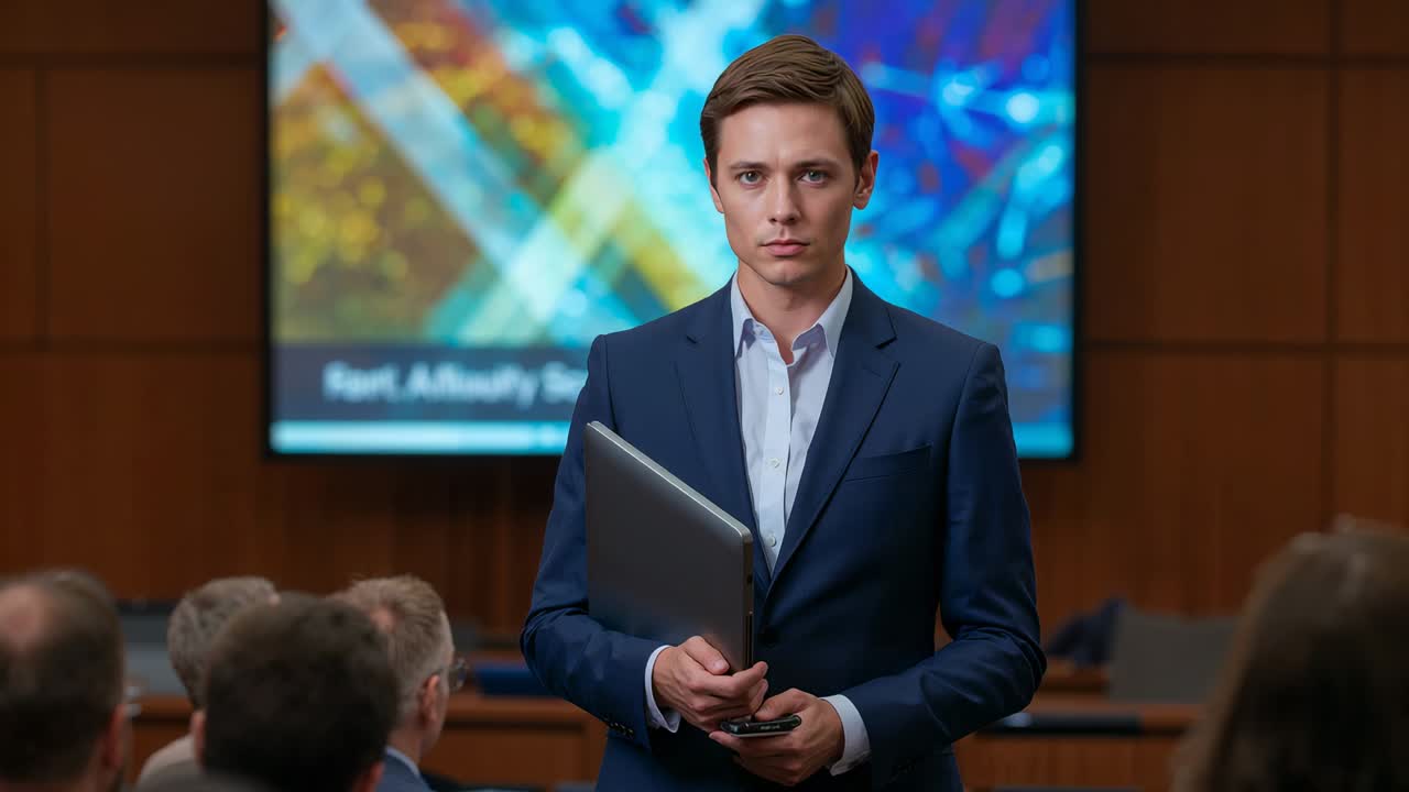 Slide cue suit presenter checking phone at lecture room front, holding laptop to speak