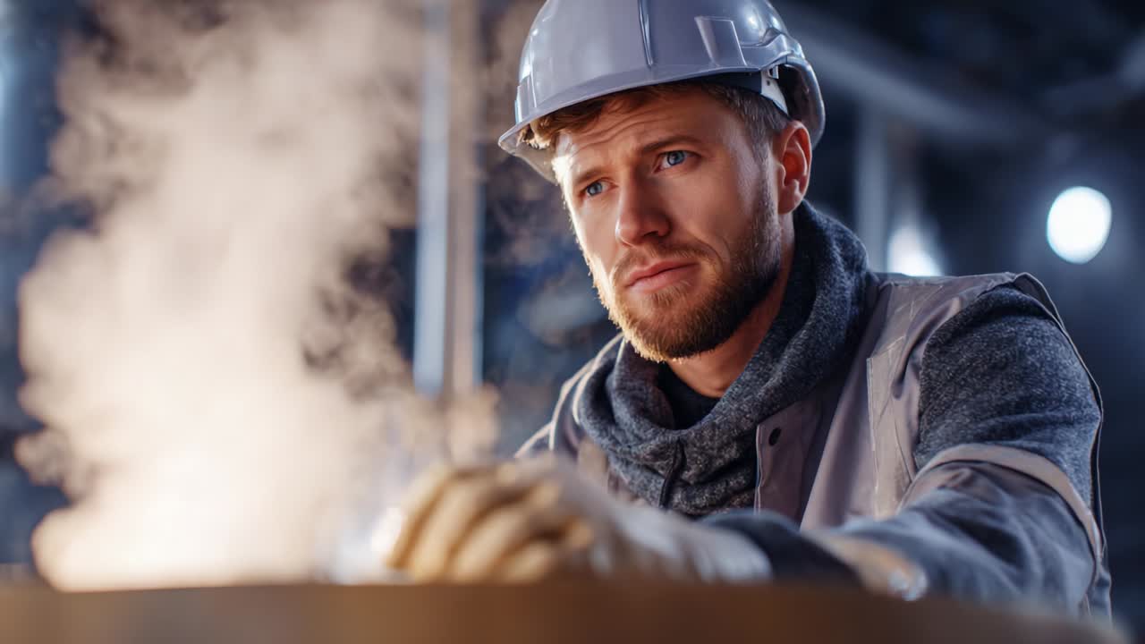 Focused Worker in Safety Gear Observing Steam from Machinery During Industrial Process, Highlighting Safety Standards, Precision Work Ethics, and Attention to Detail in a Professional Environment