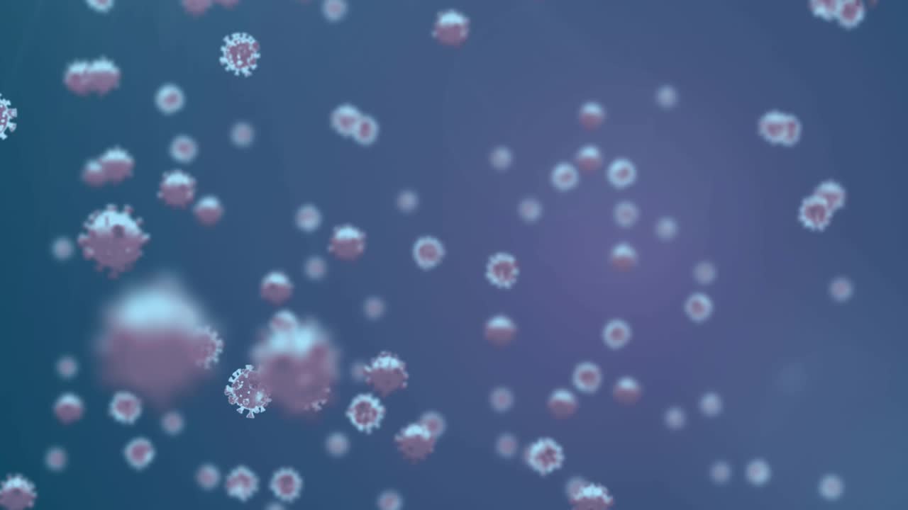 Animazione di cellule del COVID-19 che fluttuano su sfondo viola
