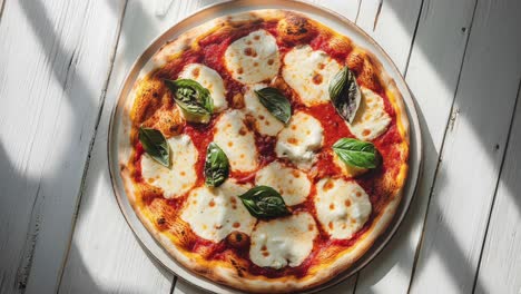 close-up of a delicious margherita pizza with fresh basil on a white table