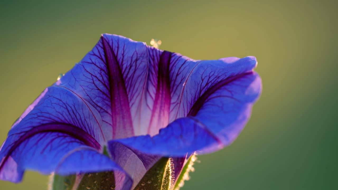 Close-up of a dewy flower bud at sunrise, captured from a low angle